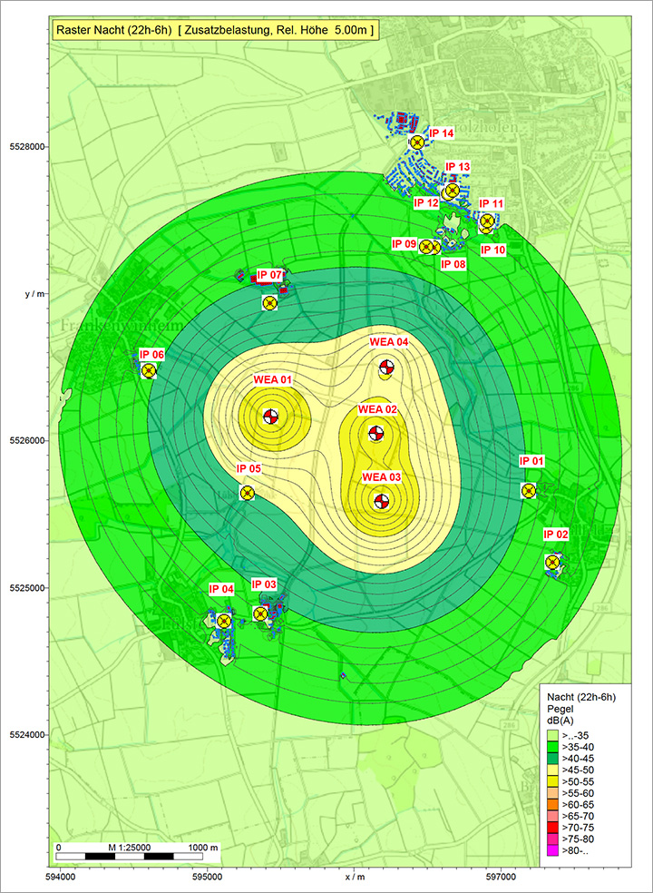 Karte - Schall-Gesamtbelastung durch neue WEA und Bestands-WEA